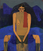 Peinture figurative contemporaine femme assise dans paysage bleu dur – Peggy Kuiper