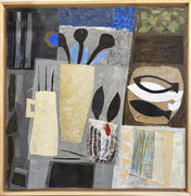 peinture, collage, nature morte contemporaine, tons gris-bleus, bruns