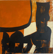 Tableau abstrait contemporain aux formes noires monumentales sur fond ocre orangé et blanc, composition graphique puissante présentée par la Galerie Gabel à Biot