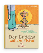 Illustration von Frank Schulz Art für Dirk Grosser im Kailash Verlag zu Der Buddha auf vier Pfoten (Mann in Socken und Hund in Meditation vor Orangefarbener Tapete)