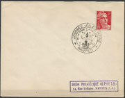 11 of october 1947, special cover with special postmark dated 11.10,1947 to the Union Philatelique in Nantes, place of birth of Jules Verne, one of the first postmarks with a rocket design in the cancel