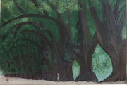Promenade sous les tilleuls, gouache sur toile, 36X54