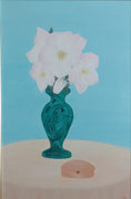 Petit boudoir painting, Hellebores dans vase en malachite, acrylique sur toile, 41X29