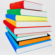 Bücherstapel, 80x80, Acryl, 2019, (Privatbesitz)