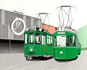 Bild Nr. 28: Zwei Trams  vor der Rundhofhalle an der Endhaltestelle Mustermesse in Basel 1969, 100x80 - auch als Ansichtskarte erhältlich unter  «www.tramoldtimer-basel.ch»