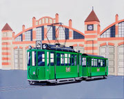 Bild Nr. 33: Der Trammotorwagen Nr.150 auf der Linie 24 vor dem Depot Wiesenplatz 1969, 80x100. Das war über ein halbes Jahrhundert lang der klassische Zweiwagenzug in Basel - auch als Ansichtskarte erhältlich unter www.tramoldtimer-basel.ch 