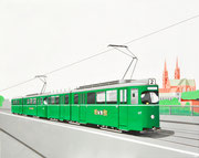 Bild Nr. 30: Zwei DÜWAG-Trammotorwagen Nr.627 und 628 der Linie 2 auf der Wettsteinbrücke, 100x80  - auch als Ansichtskarte erhältlich unter  «www.tramoldtimer-basel.ch»