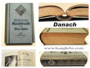 Buchreparatur - Bild 2/2 danach - Buchblock repapiert: lose Seiten befestigt, neue Heftgaze und Hülse - neue Verbindung von Buchrücken und Buchdeckeln mittels Buchbinderleinen - bedrucktes Vorsatzpapier verstärkt - Einband und Buchschnitte gereinigt