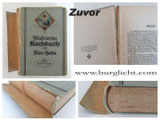 Buchreparatur - Bild 1/2 zuvor - abgetrennter Buchrücken - zerfallene Hülse - lose Seiten