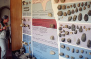 In der Olduvai Schlucht war es möglich, Schicht um Schicht in die Tiefe zu graben, bis auf die Anfänge menschlicher Überreste. Blau:1,72-2 Mio Jahre alt, Lila: 1,2 - 1,75 Mio Jahre alt, Purpur: 600‘000 – 800‘000 Jahre, Hellblau 400‘000 – 600‘000 Jahre.