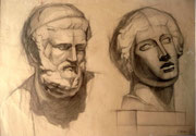 Zwei Gipsköpfe, Bleistift auf Papier, 40x55