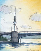 Blick auf den Hamburger Fersehturm eine Brücke und die Außenalster, Aquarell mit Kugelschreiber, 2022, Enno Franzius