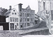 Alte Häuser im Hafen von Altona, Hamburg, Filzstiftzeichnung, Skizze, grau, A5, Enno Franzius