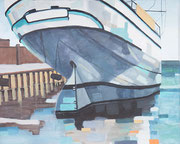 Heck der Gorch Fock im Hafen von Stralsund, Acrylmalerei, Acryl auf Papier, o.J., Enno Franzis