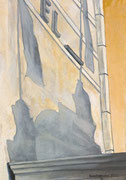 Schattenwurf einer Kuppel und Fahnen auf eine Häuserwand in Hamburg, Acrylbild, Acrylmalerei, Acryl auf Acrylmalpapier, A4, 2022, Enno Franzius