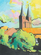 Kloster Jerichow, in bunten Farben, Gouchemalerei, Gouachefarbe, Gouache auf Papier, 40 x 30 cm, 2023, Enno Franzius