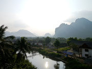 view from our hotel balcony in Vang Vieng, Laos