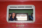 Fudgie on the train in Kandy, heading to Nuwara Eliya