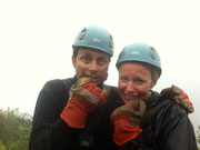 Dingo & Ali looking scared when about to go on the tandem 1km zip line in Monteverde, Costa Rica