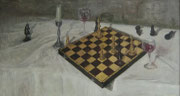"Schakenpartij" 2005, olieverf op plank, 100x45cm, NIET BESCHIKBAAR