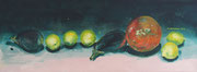 "De citroenen, de aubergines en de pompoen", acryl en inkt op canvas, 80x30cm, prijs 475,00e (incl. lijst)