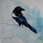 "De ekster", acryl en inkt op canvas, 20x20cm, prijs 100,00e