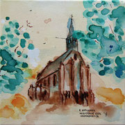 "Hervormde kerk Krommeniedijk" 2017, acryl en inkt op canvas, 30x30cm, prijs 120,00e