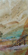 "De trap naar de strand", acryl en inkt op papier, 11x21cm VERKOCHT
