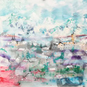 Reykyavik, acryl en inkt op schildersdoek, 90x90cm, prijs 1350,00e (incl. lijst)
