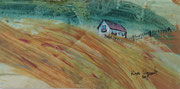 "Het huisje op de duinen", acryl en inkt op papier, 20.5x10cm, prijs 75,00e (incl. passe-partout)