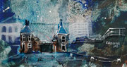 "De sluis in Zaandam", acryl en inkt op papier, 18x10cm, prijs 80,00e (incl. passe-partout)