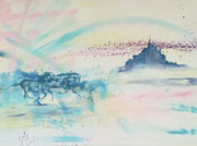 Mont St. Michel, acryl en inkt op schildersdoek, 90x120cm, prijs 1500,00e (incl. lijst)