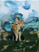 "Wilde zwijntje" 2018, acryl en inkt op linnen, 18x24cm, prijs 100,00e