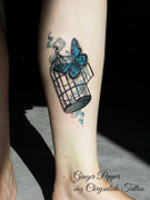 Tatouage papillon et cage couleur par Ginger pepper en guest chez Chrysalide tattoo. Tattoo butterfly color 