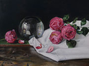 Glaskugel mit Blumen und Tuch/ Öl auf Holz/ 40x30 cm (verkauft)