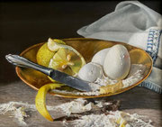 Eier, Mehl, Butter und Zitronen/ 30x24 cm/ Öl auf Holz/ Oktober 24 (verkauft)