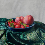 Erdbeeren und Pfirsiche/ 50x50 cm/ Öl auf Leinwand/ Juli 2023