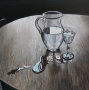   Glas, Wasser, Tisch im Gegenlicht/ 40x40 cm/ Öl auf Holz/ Februar 2024