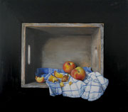 Kasten mit Pfirsichen und Handtuch (im Rahmen)/ Öl auf Holz/ 30x24 cm/ August 24 (verkauft)