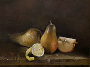 Birnen, Apfel, Zitrone/ Öl auf Holz/ 30x20cm/ Januar 23