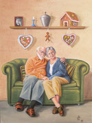 "Hans und Grete im Ruhestand" .. oder ... "In stillem Gedenken"   60 x 80 cm Acryl auf LW