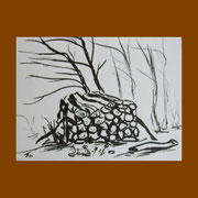 Januar: "Holzstoß", 1972, Tusche (30 x 40 cm) 