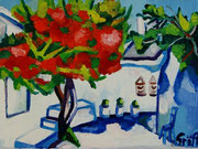 NICHT MEHR ERHÄLTLICH  "Griechische Dorfstraße mit blühendem Hibiskus", Öl auf Leinwand, 30x40 cm, 2015