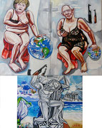 Triptychon "Der griechische Altar. Merkel und Schäuble als falsche Caritas", Öl auf Leinwand, 120x80 / 80x100 cm / 120x80 cm, 2015