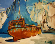 NICHT MEHR ERHÄLTLICH, "Gestrandetes Schmugglerschiff auf Zakynthos", Öl auf Leinwand, 40x50 cm, 2015