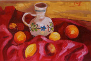 NICHT MEHR ERHÄLTLICH   Stillleben mit Vase und Zitronen auf rotem Tuch, 40x60 cm, 2005