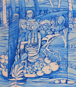 Série fenêtres bleues acrylique  #4 CUEILLETTE LES FRUITS SONT MÛRS TEMPS DES POMMES