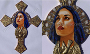 Milagros III Madonna © 2019 Dimensions: 22" h x 17" w x 3/8" thick.  Brass, Gold Leaf and Acrylic on Wood. Black velvet backing,  Private Collector