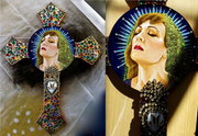 Milagros IV Madonna  © 2019 Dimensions: 22" h x 17" w x 3/8" thick. Brass, Gold Leaf, Mother of Pearl and Swarovski Acrylic on Wood. Black velvet backin, Private Collector 