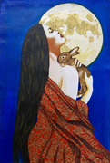  The Rabbit and Moon Goddess © 2023,  Acrylic  on Canvas,  Dimensions: 12" h x 6" w
